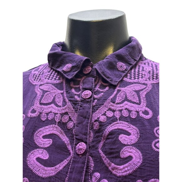 Johnny Was Embroidered Silk Blouse Wine XS Long Sleeve Button Front - Picture 5 of 7